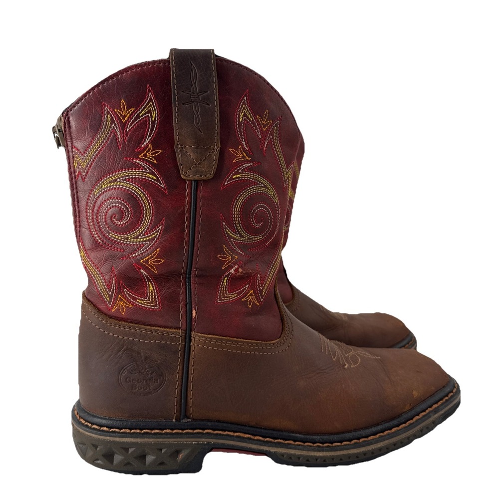 Georgia Boot Carbo-Tec LT Cowboy Boots Kids 4M Brown Red Leather Western Work
